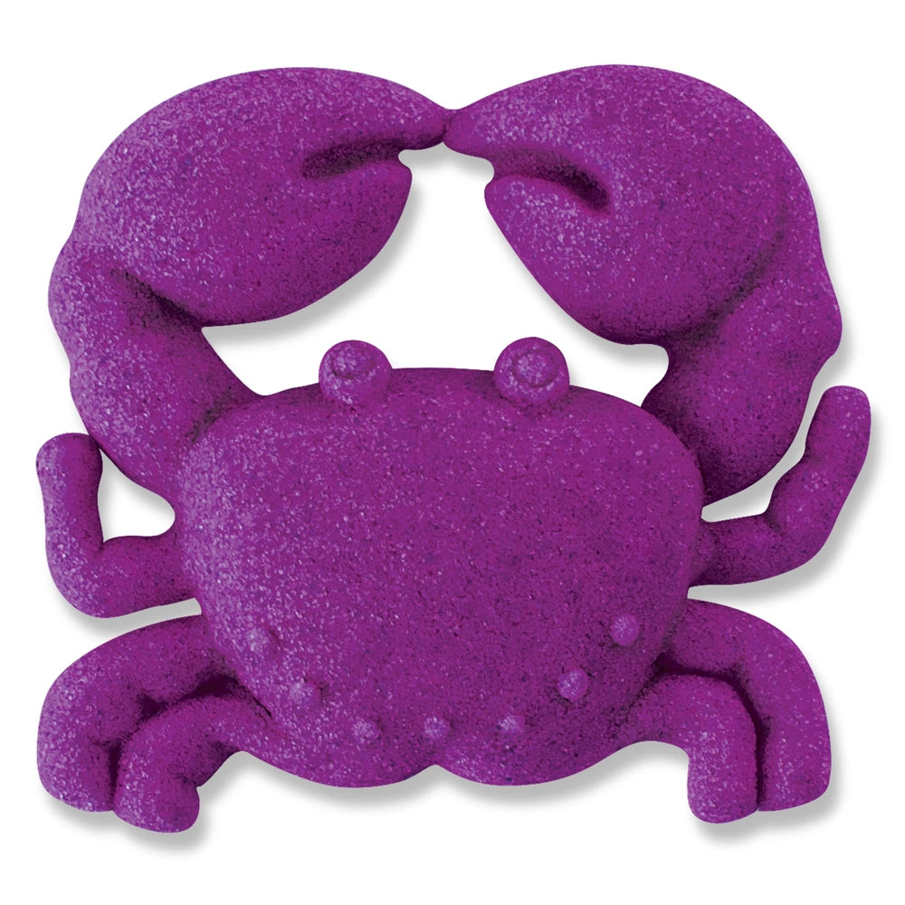 Kinetic Sand Neon crab-shaped object in purple, featuring a textured shell and spread claws against a white background.