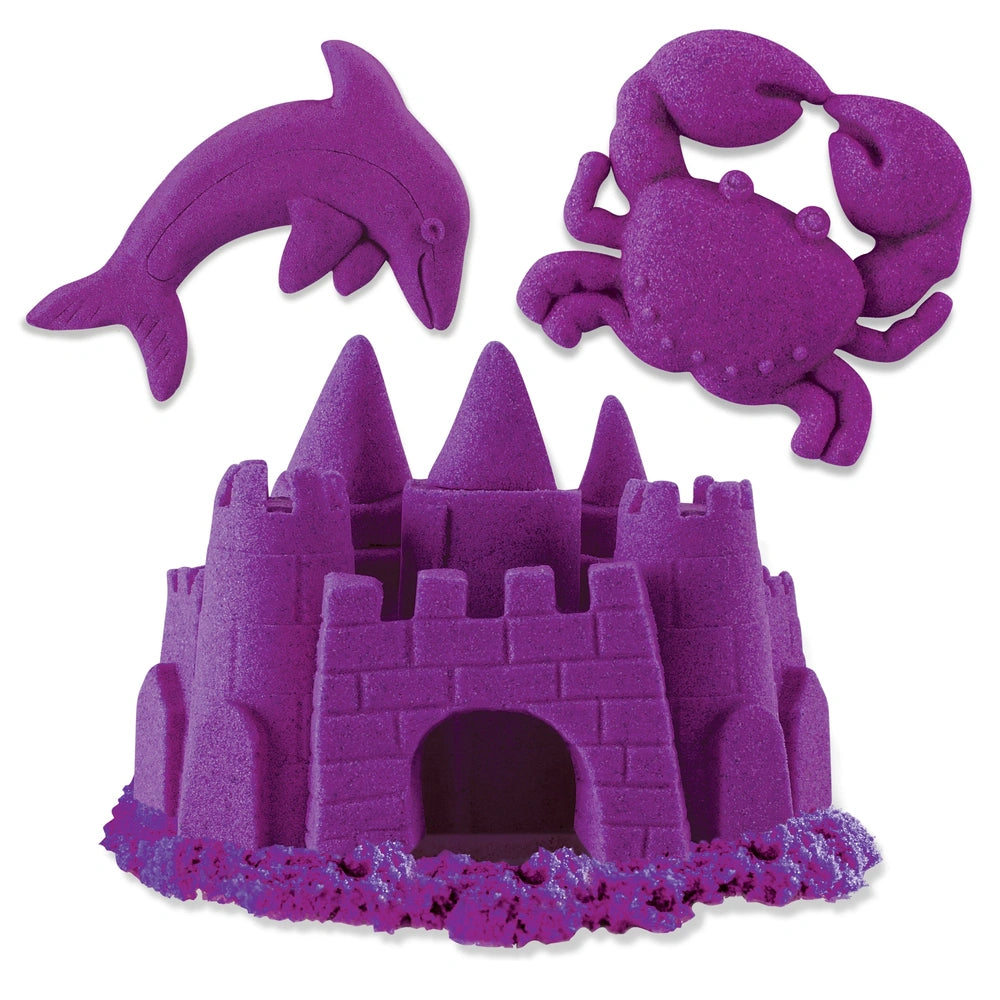 Kinetic Sand Neon features a purple castle with a drawbridge, surrounded by a purple moat, dolphin, and crab.