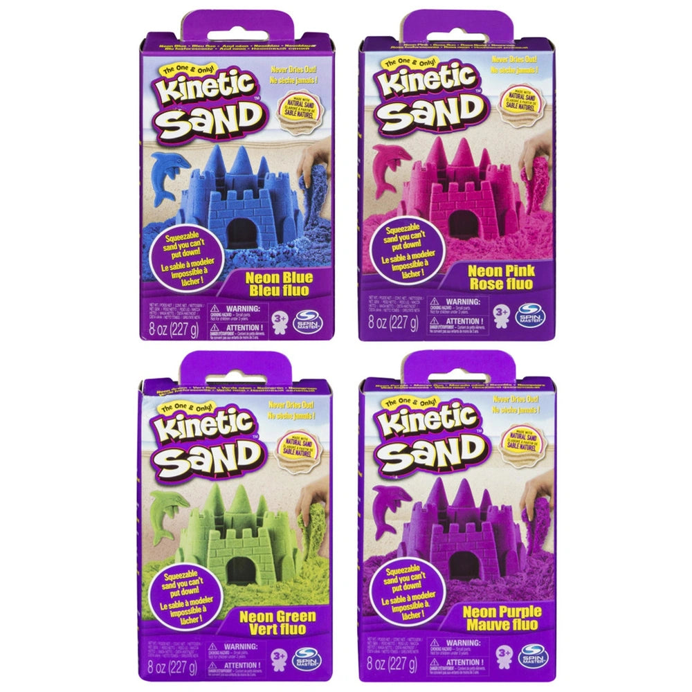 Kinetic Sand Neon packages in purple cardboard display blue, green, and pink sand, arranged in a triangular formation.
