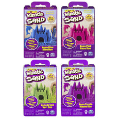 Kinetic Sand Neon packages in purple cardboard display blue, green, and pink sand, arranged in a triangular formation.