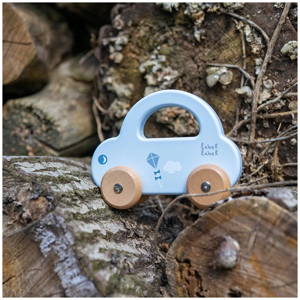 Blue plastic push and pull toy car with brown wooden wheels, featuring a windshield, door handle, wiper, and "label" license 