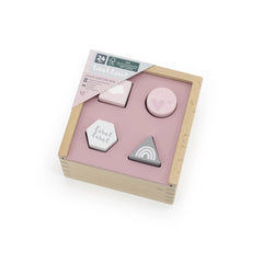 Label-Label-Shape-Sorting-Box-Baby-Activity-Toys in light pink packaging with black text and heart graphic, featuring 24 piec