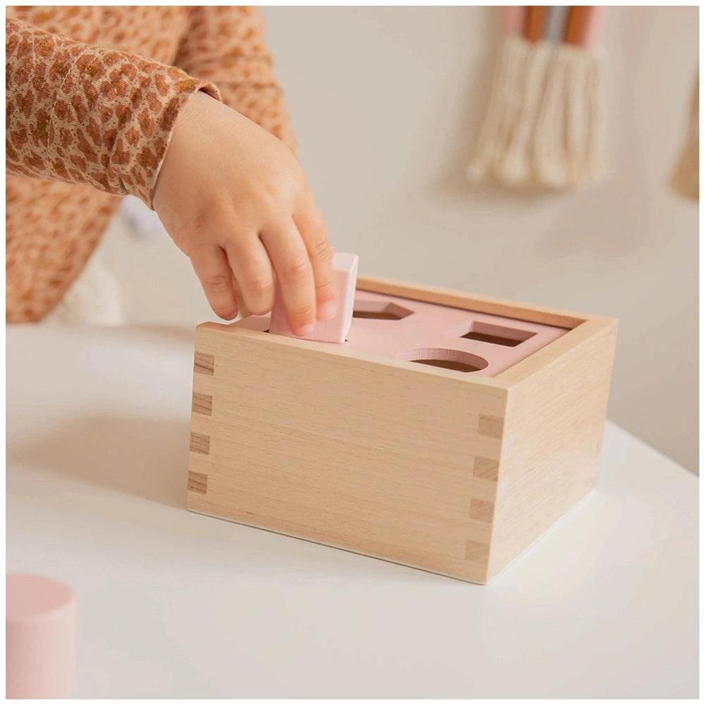Label-Label-Shape-Sorting-Box features a wooden box with a pink plastic lid and white handle, designed for baby activity play