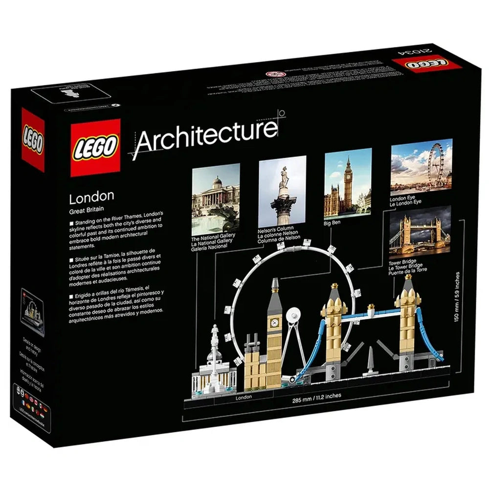 LEGO Architecture London set box features iconic landmarks and a stylized skyline, showcasing an open lid revealing its conte