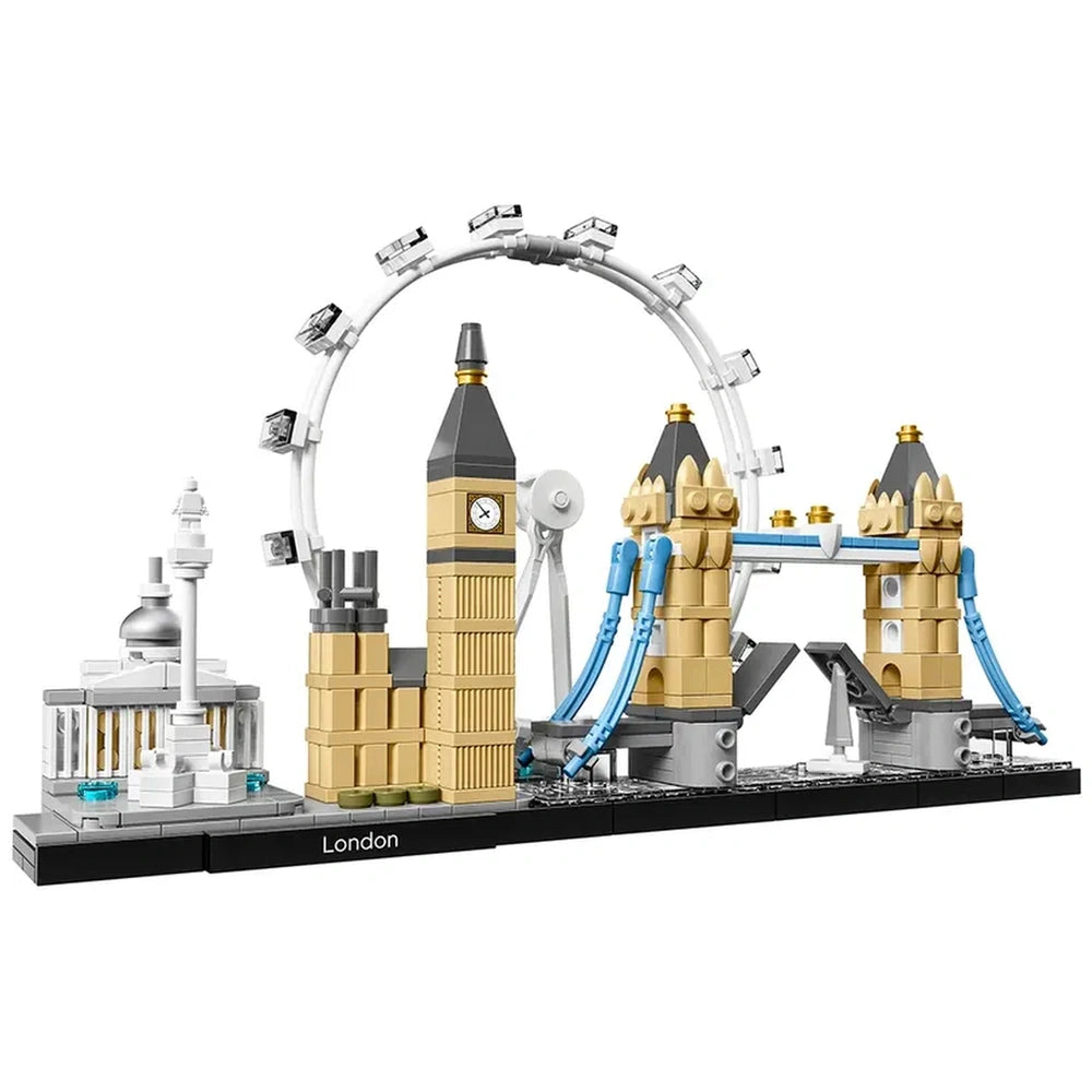 LEGO model of the London skyline featuring Big Ben, London Bridge, and the River Thames against a white background.