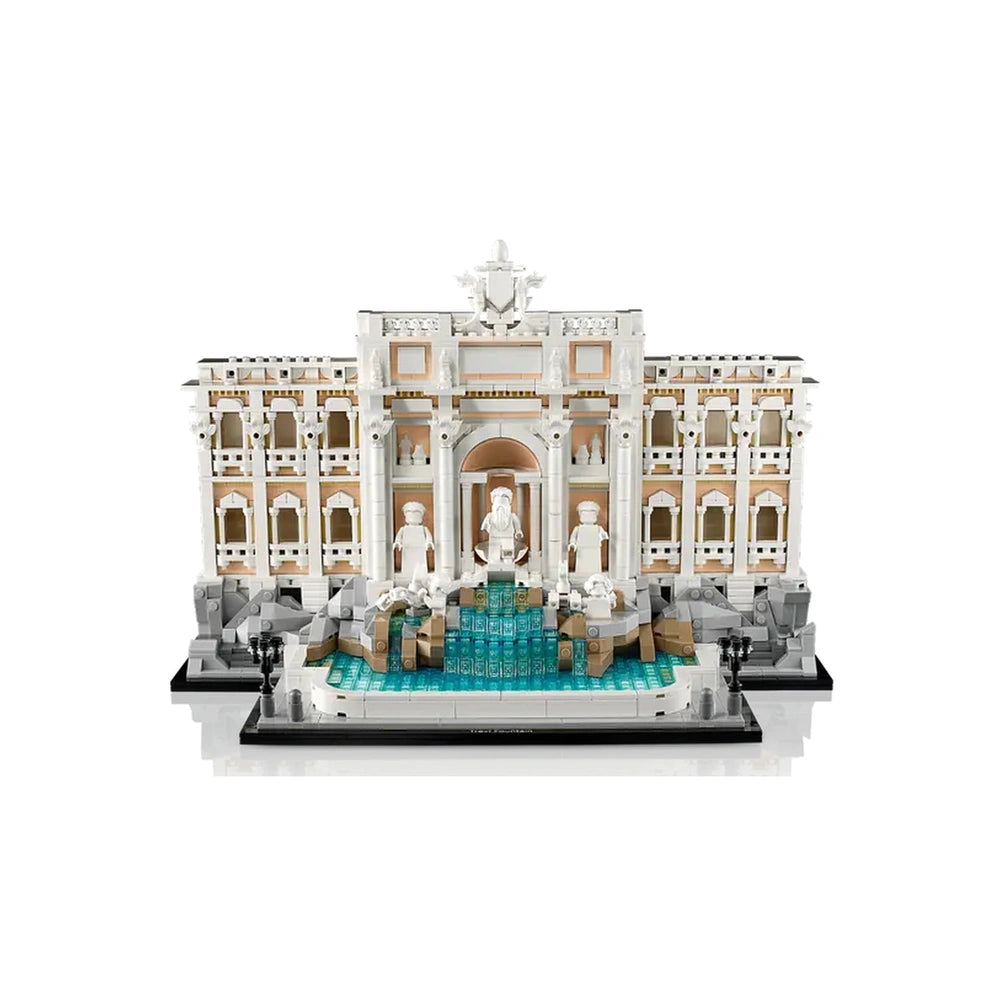 Lego Architecture Trevi Fountain model features classical design with white columns, statues, and beige accents in a detailed