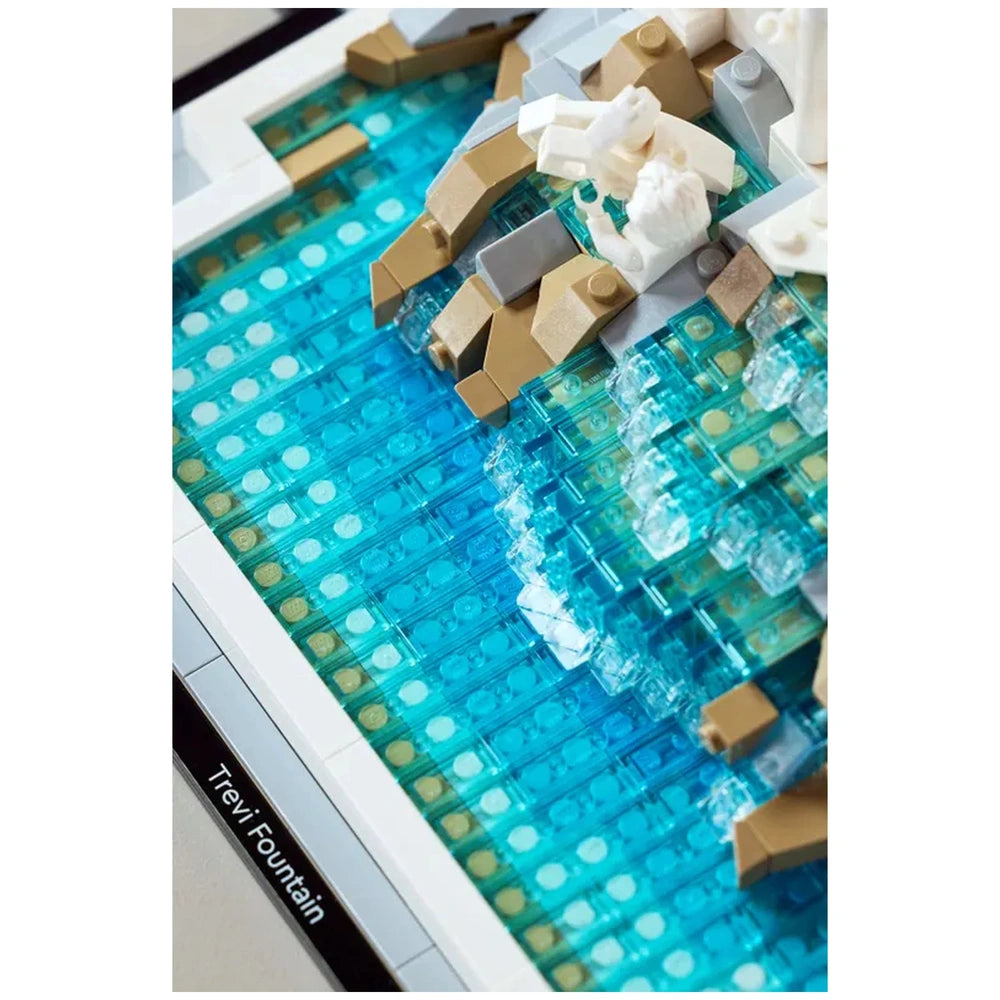 Lego Architecture Trevi Fountain construction set features blue water and tan shoreline made of interlocked durable plastic b