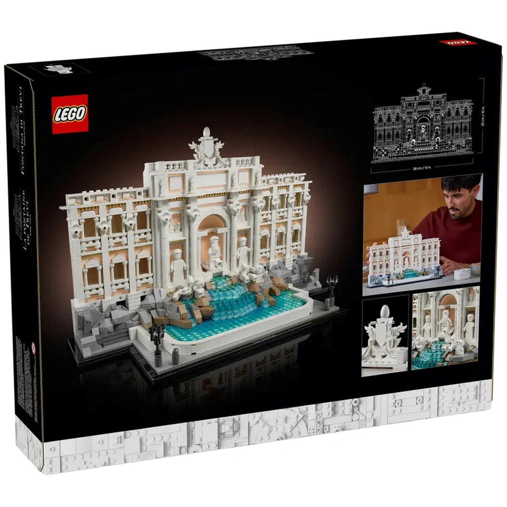 LEGO Architecture Trevi Fountain construction set box featuring a partially assembled model with white, gray, blue, and brown