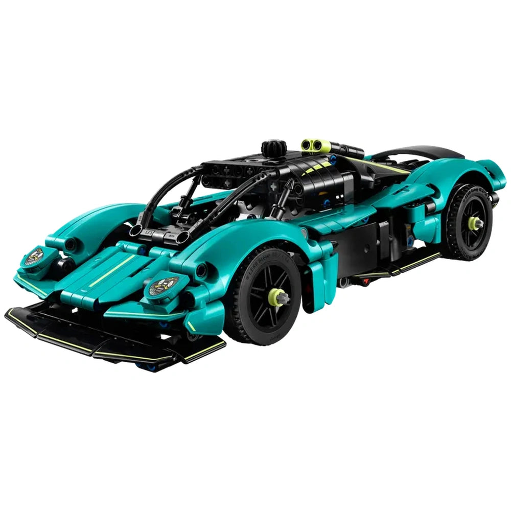 LEGO Aston Martin Valkyrie construction set features a glossy teal toy car with black wheels and yellow accents against a whi