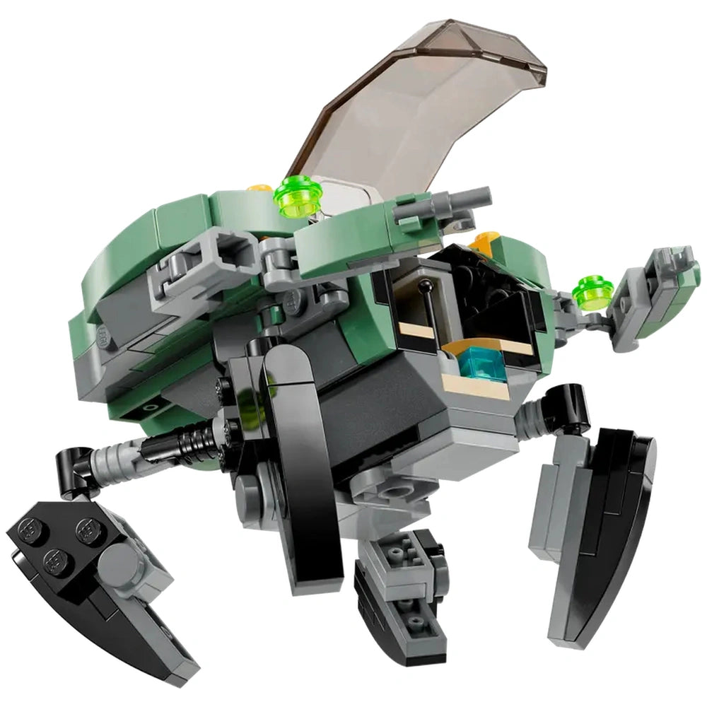 Posable green Crabsuit from the LEGO Avatar set, featuring intricate details, large claws, and glowing elements, ready for underwater adventures.