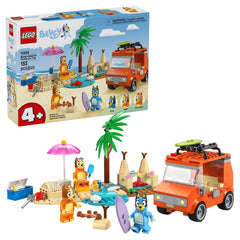 LEGO Bluey's Beach & Family Car Trip set featuring the orange family car, palm trees, sandy beach, and minifigures of Bluey, Bingo, and their mum, Chilli, enjoying a fun beach day.