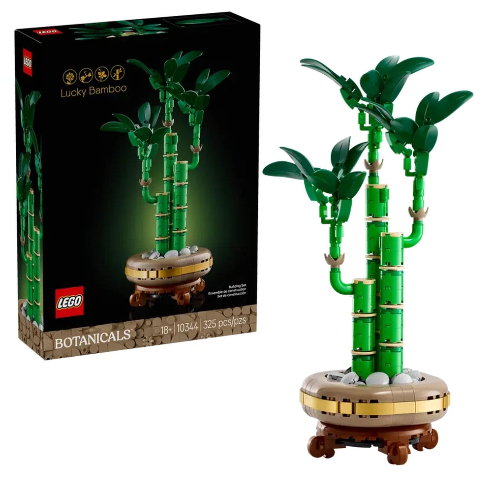 LEGO® Botanicals Lucky Bamboo construction set featuring three green stems and leaves in a decorative pot with pebbles.