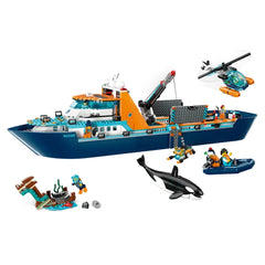 LEGO® City Arctic Explorer Ship (60368) with a large blue and orange exploration ship, helicopter, dinghy, orca figure, and Viking shipwreck.
