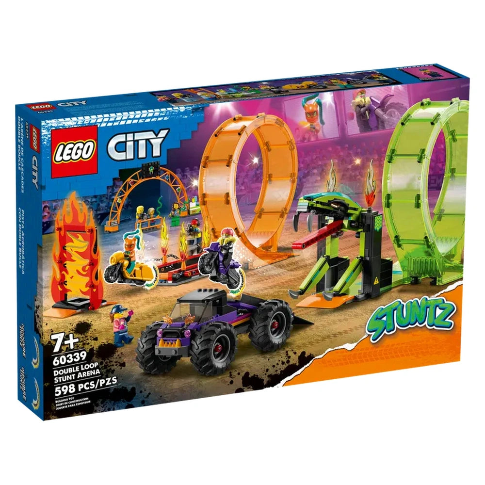LEGO City Double Loop Stunt Arena box featuring vibrant ramps, bikes, a monster truck, and exciting stunt props.