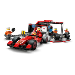 LEGO City F1 Pit Stop set featuring a bright red Ferrari car, four pit crew minifigures, and a detailed pit stop station.