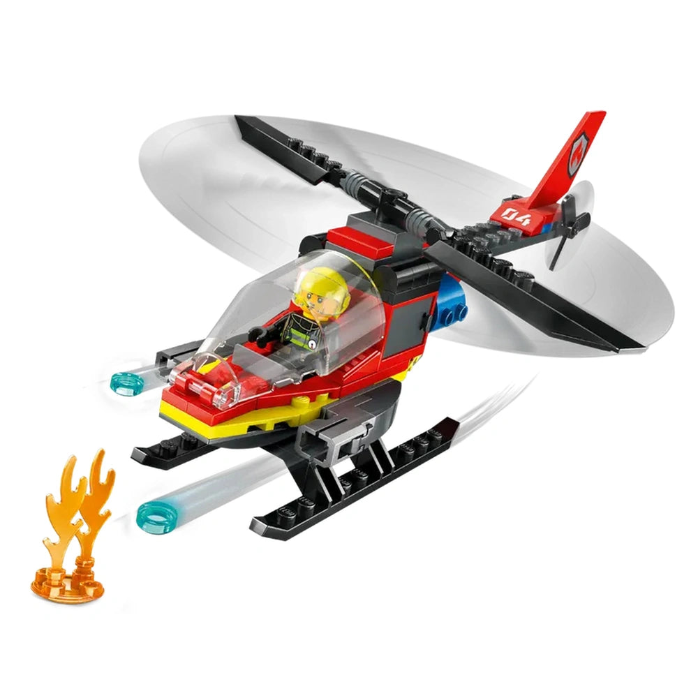 LEGO City Fire Rescue Helicopter in red and black, featuring spinning rotors, a pilot minifigure, and water element launchers, alongside a flame piece.