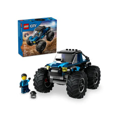 LEGO® City Blue Monster Truck set featuring a vibrant blue monster truck with oversized tires, a driver minifigure, and a box displaying adventurous scenes.