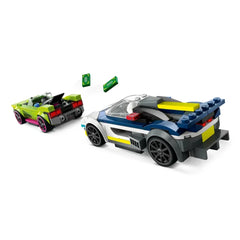 Two colorful LEGO cars in a chase: a green muscle car and a sleek silver police car, with money bills flying behind them.