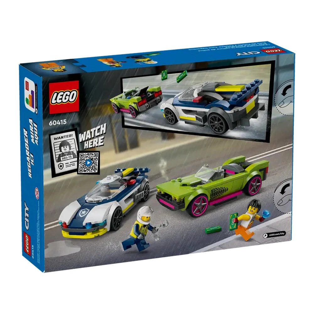 LEGO® City Police Car and Muscle Car Chase set features a police interceptor and a green muscle car, with a police officer and a crook minifigure on a city street.