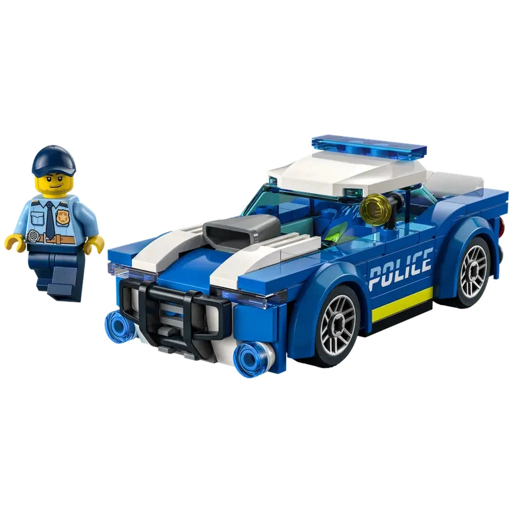 LEGO® City Police Car with blue and white detailing, featuring a police officer minifigure in a blue uniform and cap.
