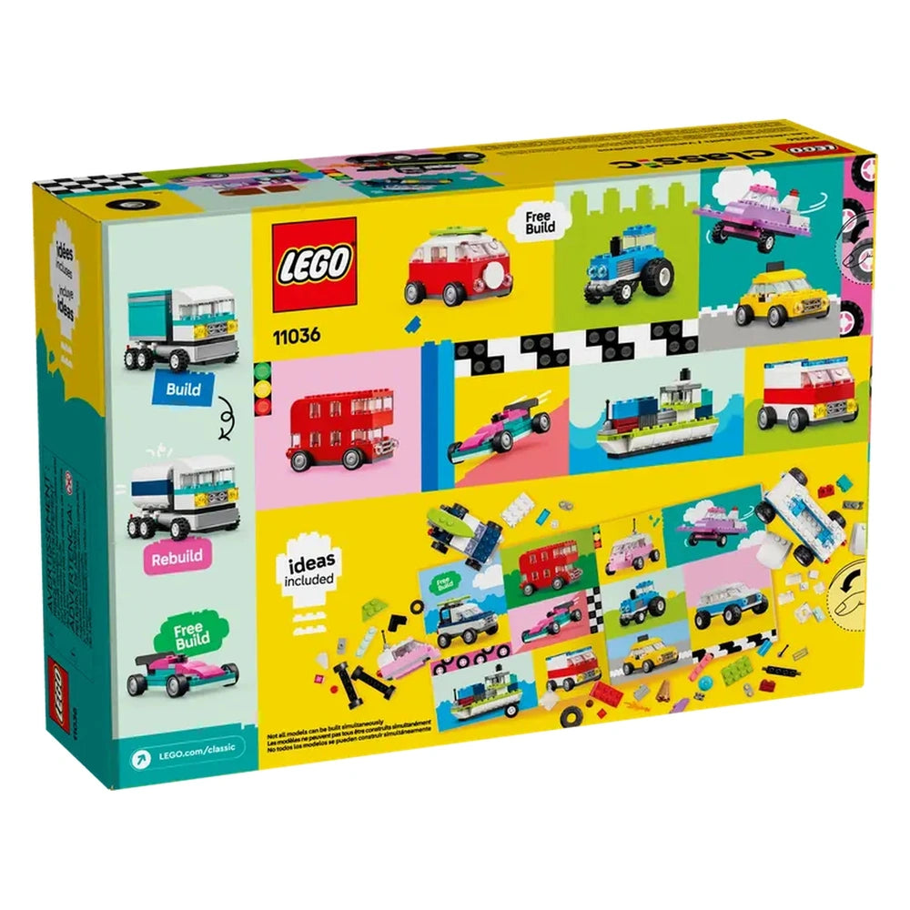 Colorful LEGO® Classic Creative Vehicles construction set box displays various assembled toy vehicles, including a red bus, trucks, and a pink ice-cream truck, with images and instructions for building.