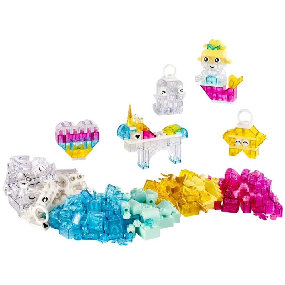 Colorful LEGO® Classic Magical Transparent Box construction set featuring transparent bricks, including hearts, a unicorn, and playful figures.
