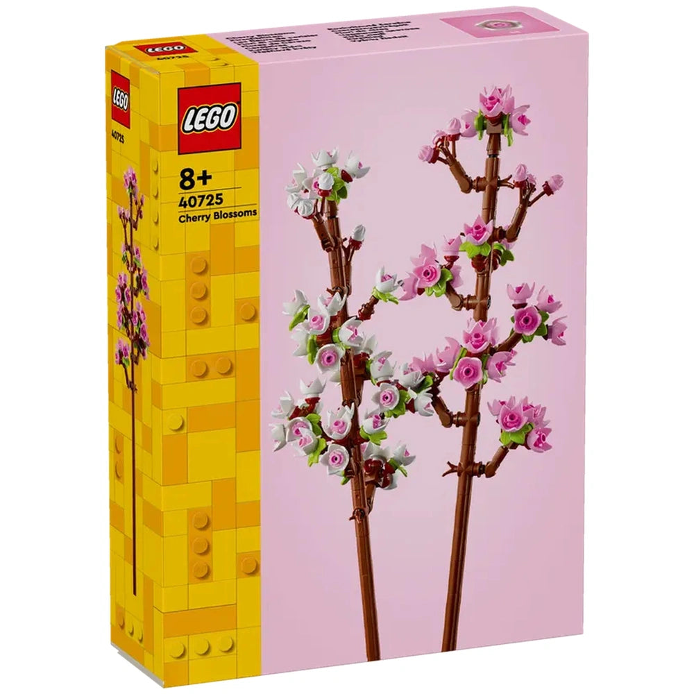 LEGO Creator Cherry Blossoms set featuring two buildable twigs with vibrant pink and white flowers against a soft pink background.