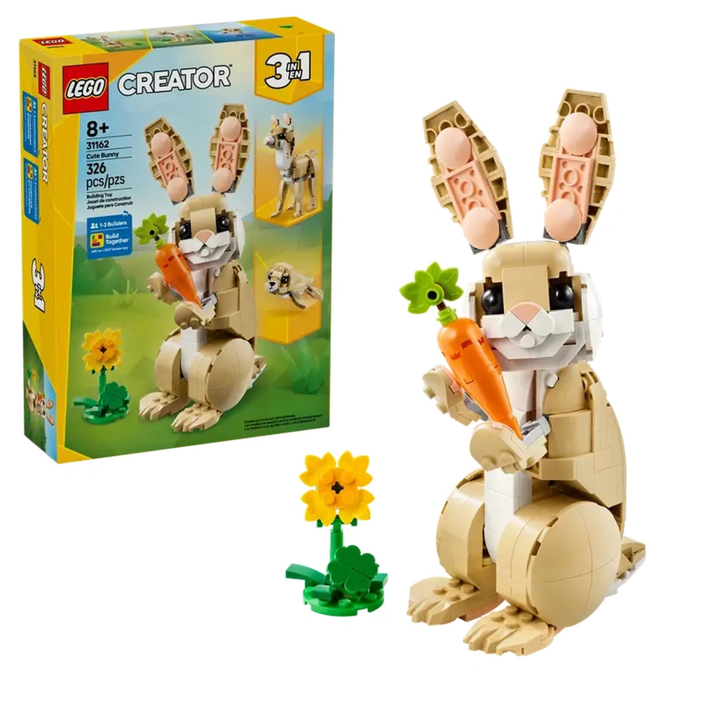 LEGO Creator 3in1 Cute Bunny construction set featuring a posable bunny holding a carrot, alongside a sunflower and packaging.