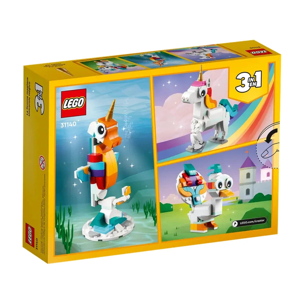 LEGO Creator Magical Unicorn Construction Set (31140) box featuring a colorful unicorn, a vibrant parrot, and another transformable creature in a 3-in-1 design.