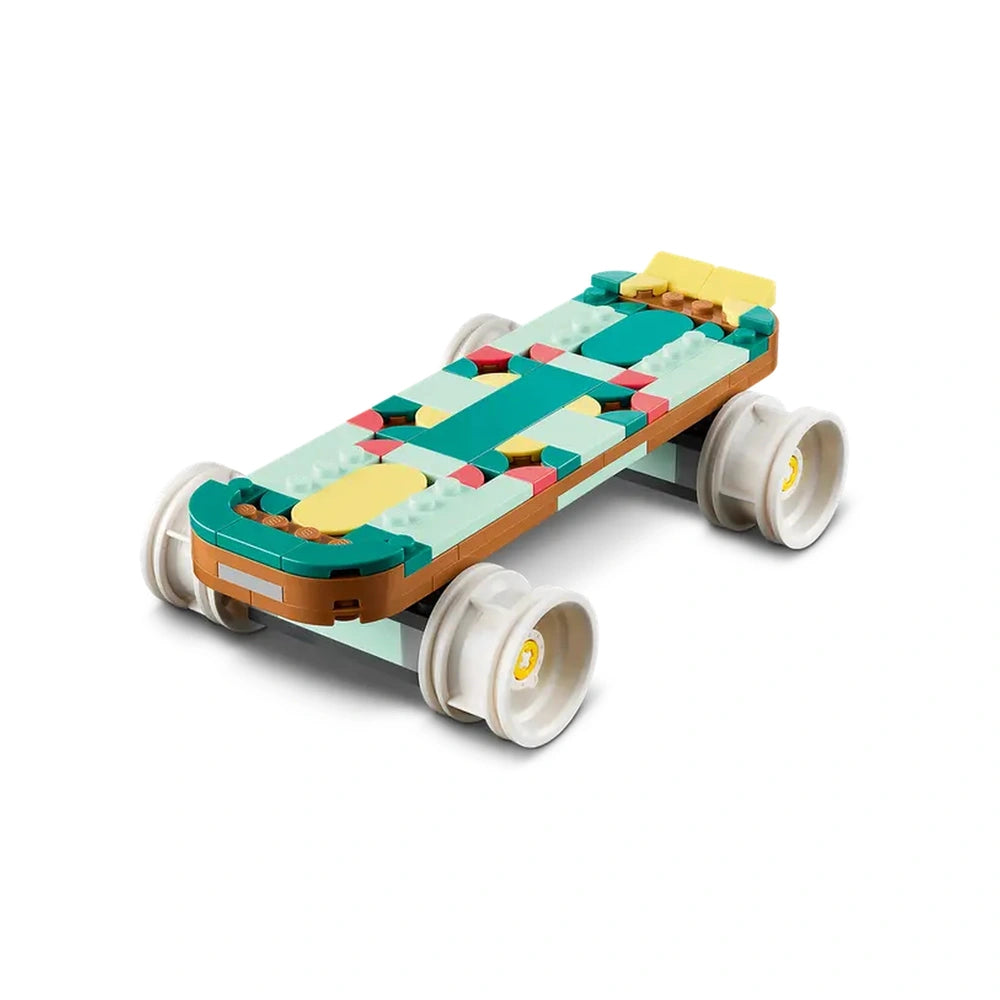 Colorful LEGO Creator Retro Roller Skate construction set featuring a vibrant skate design with pink wheels and decorative pieces.