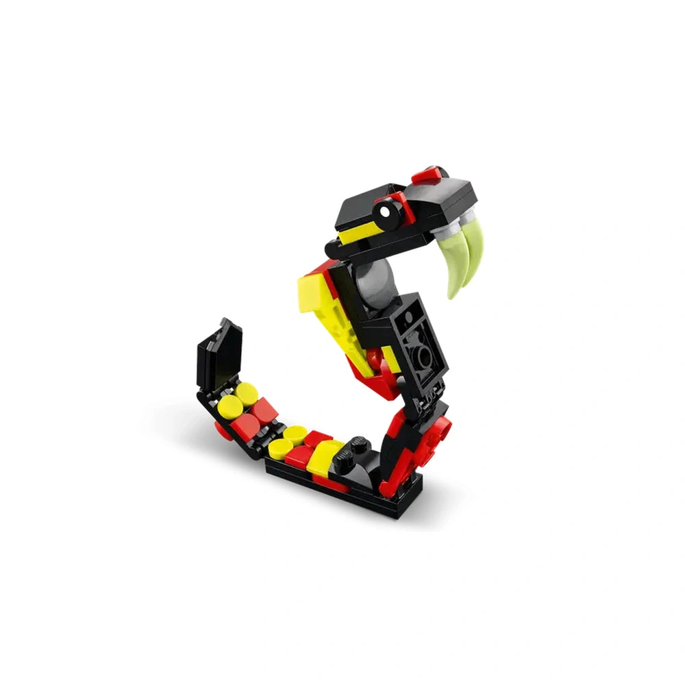 Posable LEGO spider figure with black, red, and yellow segments, featuring large fangs and a neon-yellow web, creating a dynamic building experience.