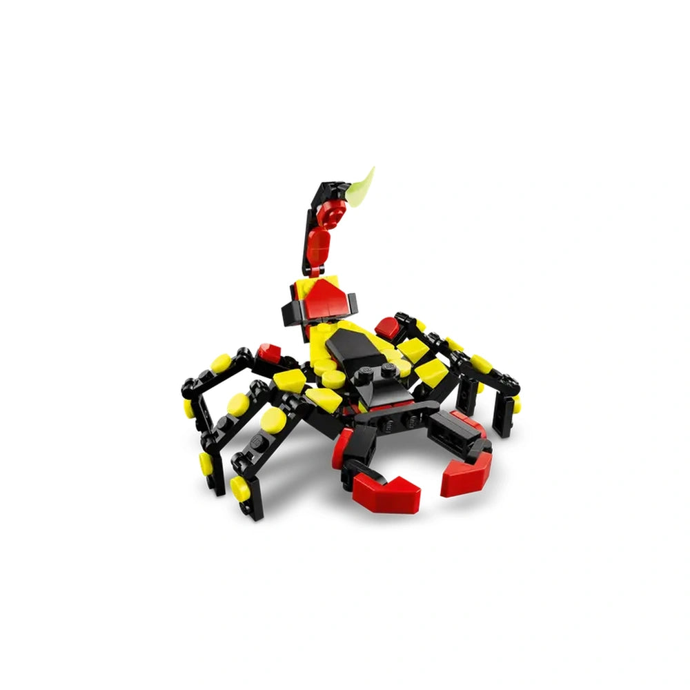 Colorful LEGO scorpion model featuring articulated legs, a vibrant yellow body, and striking red accents, ideal for imaginative play.