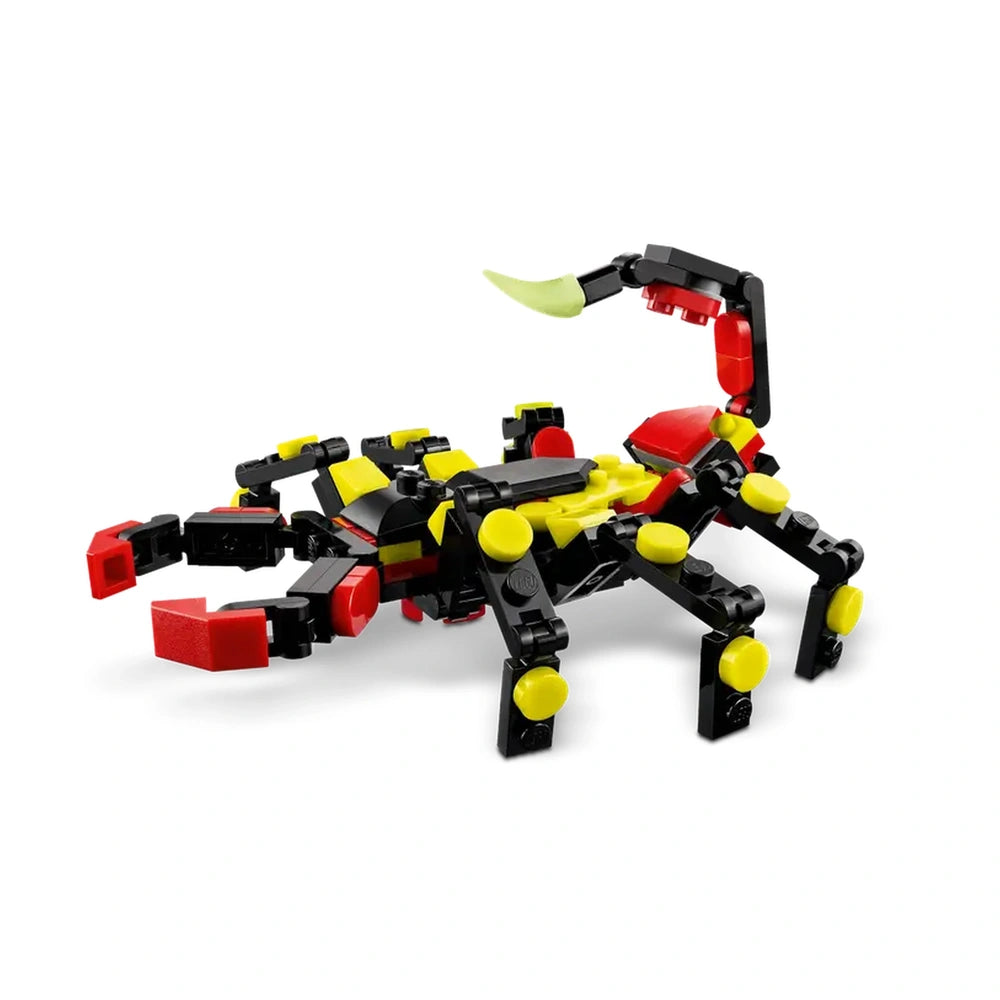 Posable LEGO spider figure in black, yellow, and red, featuring articulated legs and a green claw. Bright and eye-catching design encourages creative play.