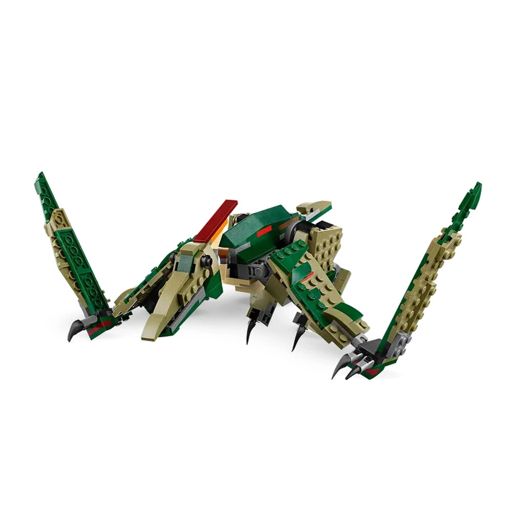Lego Creator T. rex construction set in green and beige, featuring a highly posable dinosaur with detailed claws and dynamic articulation, set against a plain white background.