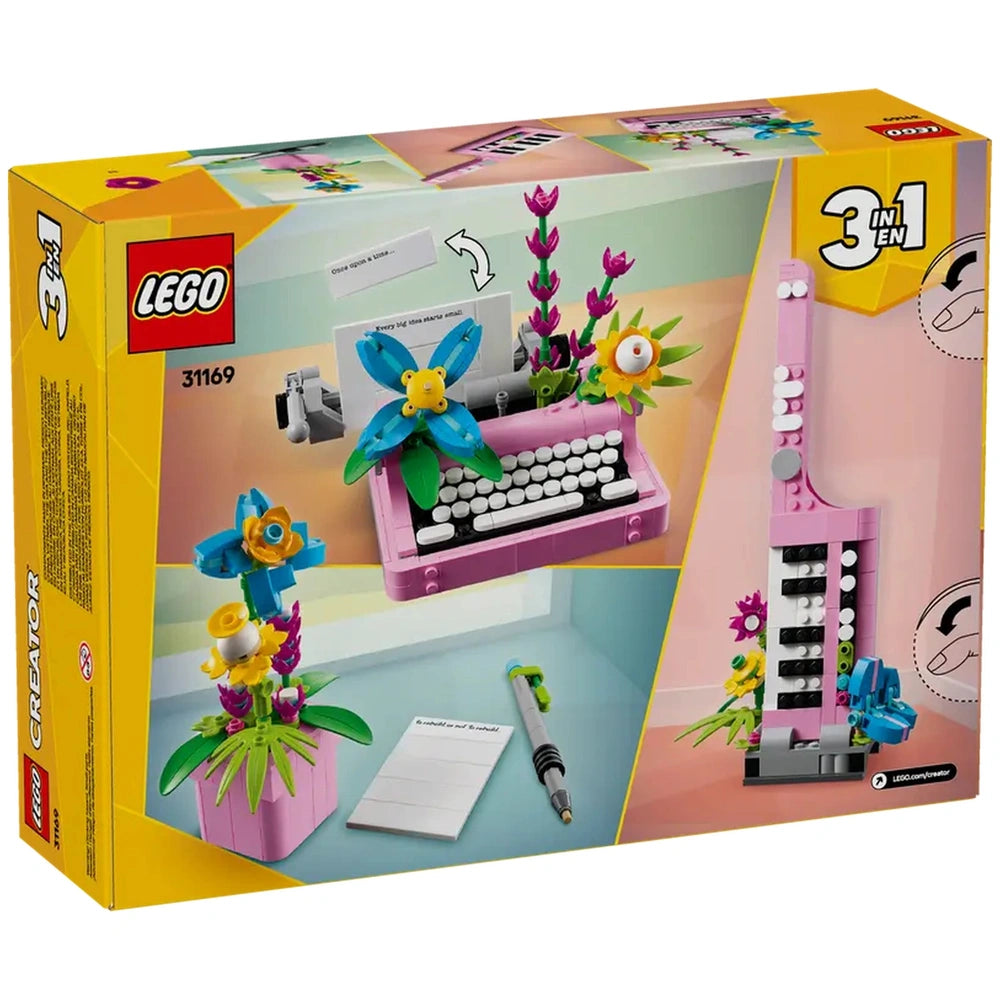 Creative LEGO® Creator 3in1 Typewriter set with vibrant flowers and moving keyboard, featuring a pink typewriter and a brick-built sheet of paper.