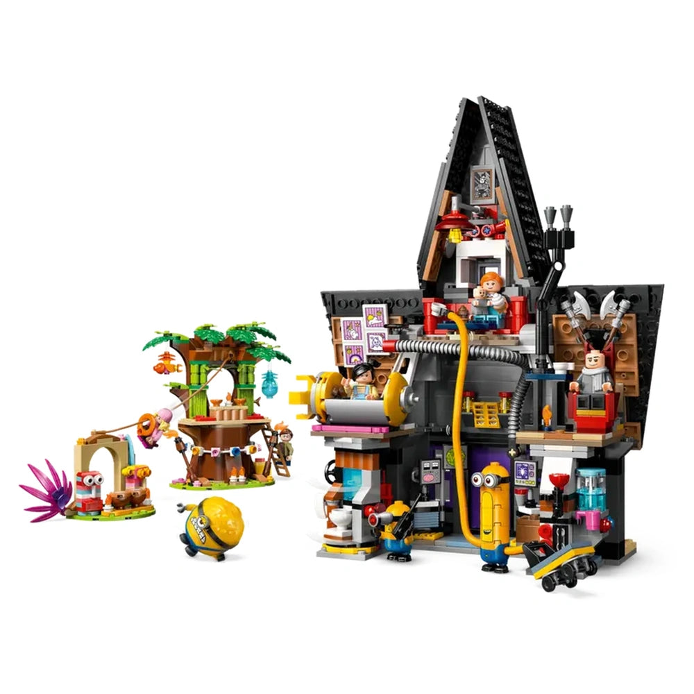 LEGO Despicable Me construction set featuring Gru's Family Mansion with colorful Minions, intricate details, and vibrant accessories, surrounded by playful trees and a playful Minion character.