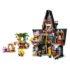 LEGO Despicable Me construction set featuring Gru's Family Mansion with colorful Minions, intricate details, and vibrant accessories, surrounded by playful trees and a playful Minion character.