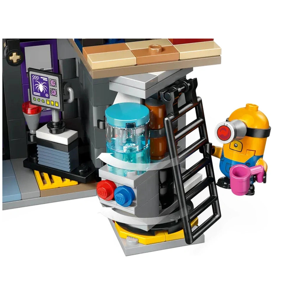 Minion figure with a pink cup stands next to a colorful water dispenser and a black ladder, inside Gru's detailed laboratory from LEGO Despicable Me set.