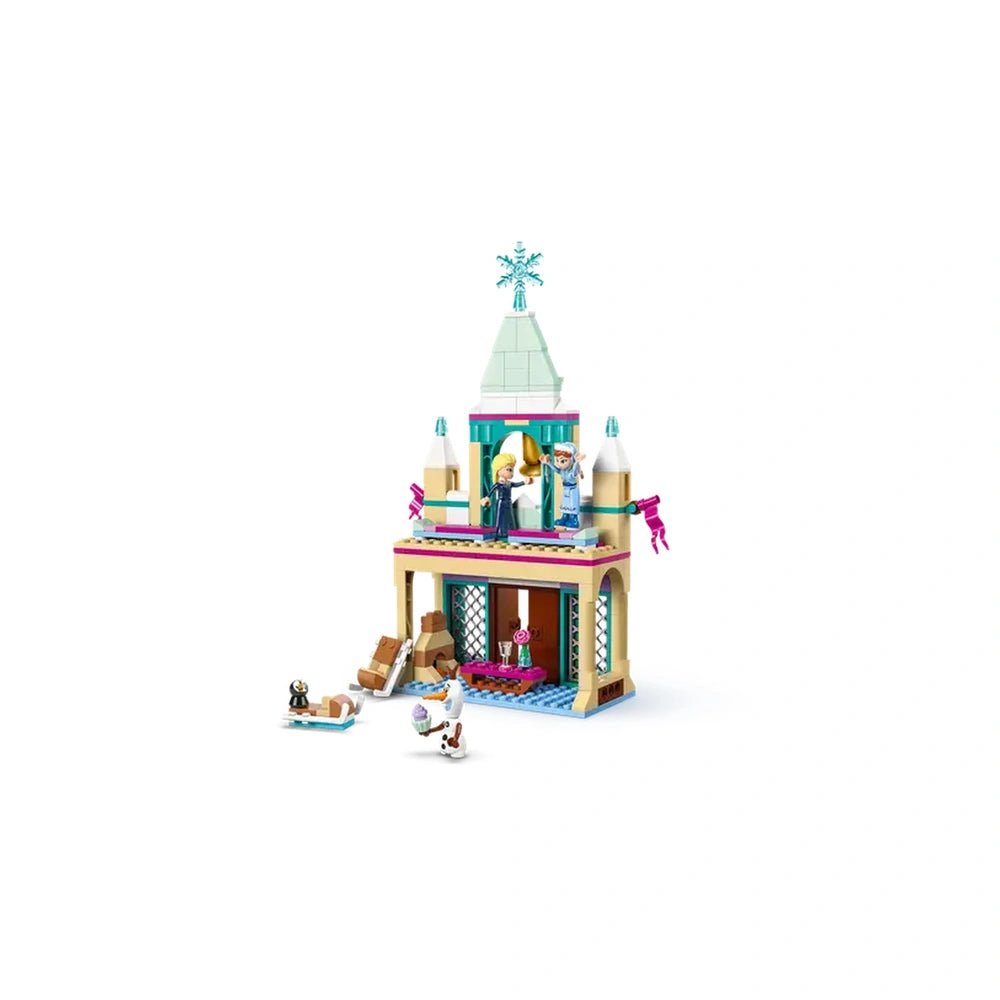 LEGO® Disney Frozen Arendelle Castle set featuring mini-doll figures of Elsa and Anna, with Olaf the snowman, detailed architecture, and playful accessories.