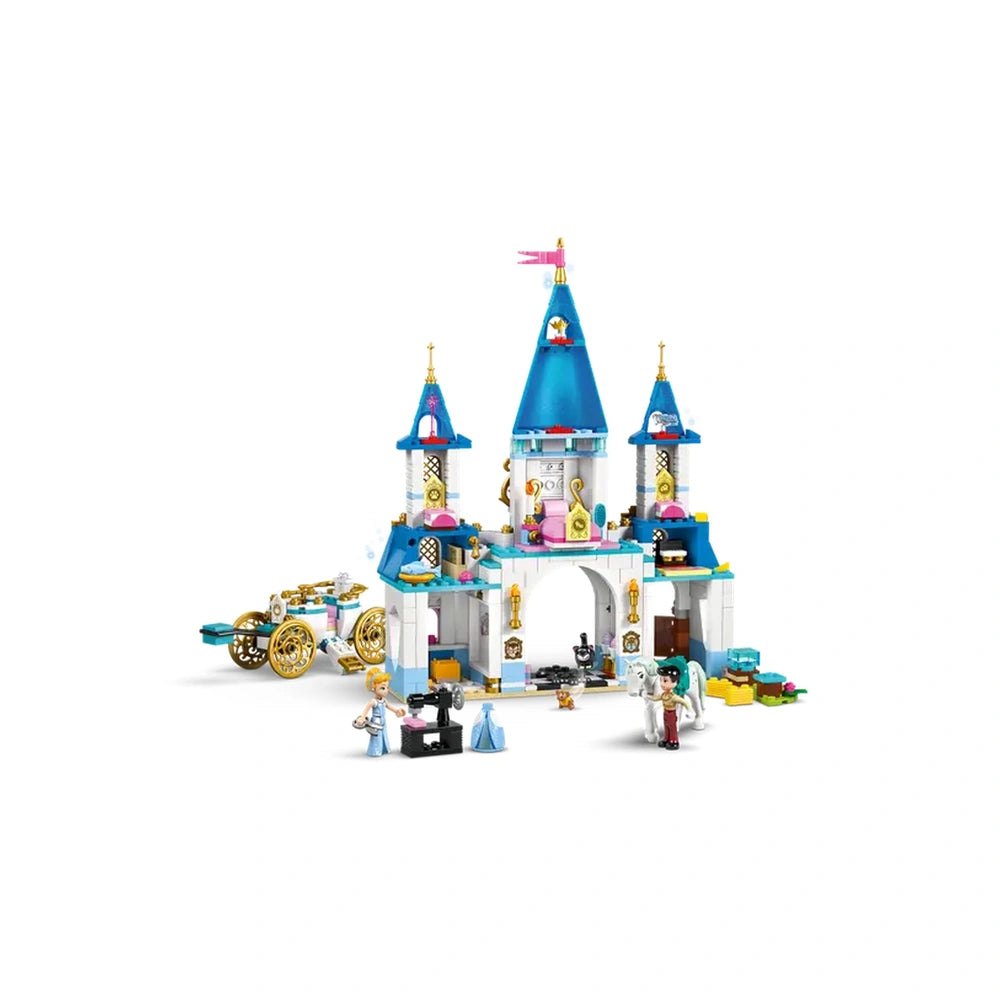 Cinderella's Castle construction set features a two-level castle with blue turrets, a horse carriage, and figures of Cinderella and Prince.
