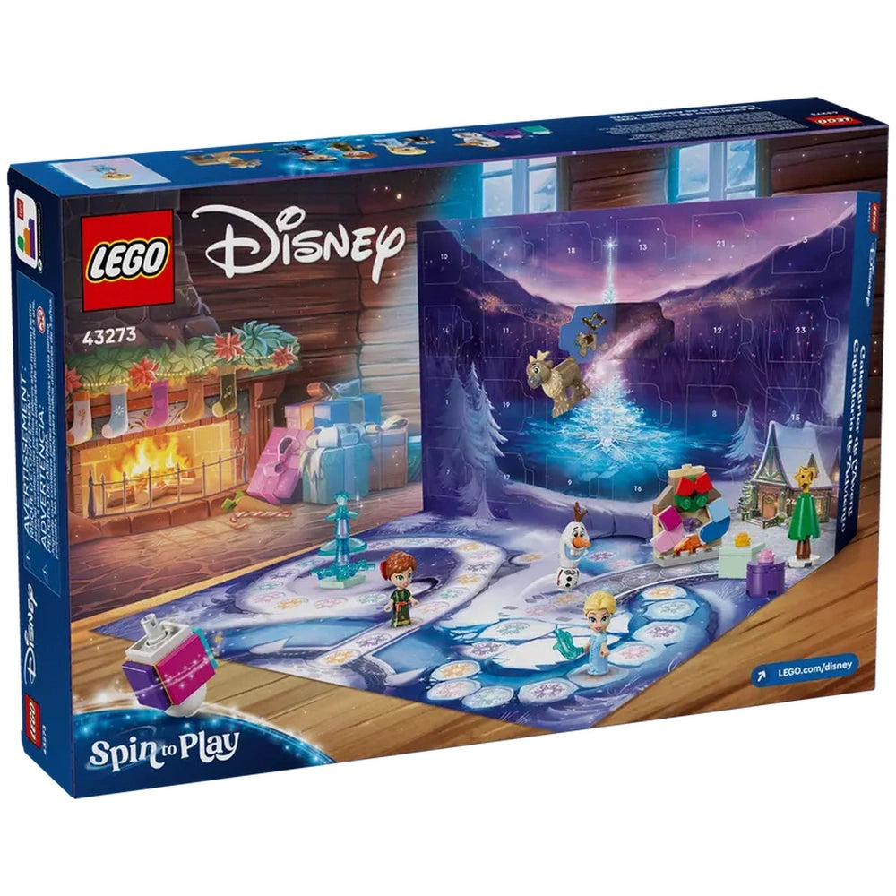 LEGO Disney Frozen Advent Calendar 2025 packaging featuring a festive scene with characters Elsa, Anna, and Olaf, surrounded by colorful building elements and a snowy backdrop.