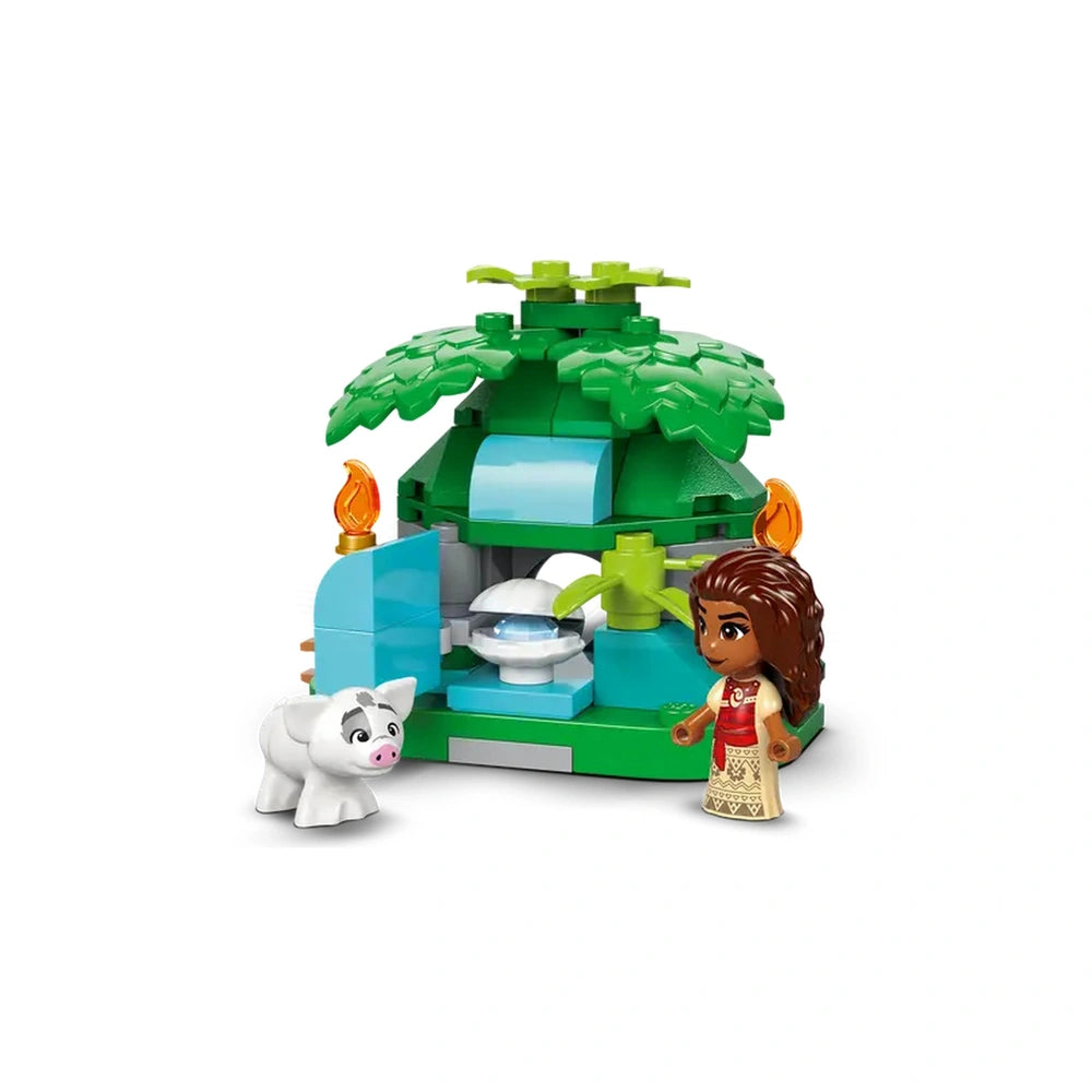 LEGO® Disney Moana's Island Fun set featuring Moana and Pua next to a vibrant, double-sided island model with a waterfall slide.