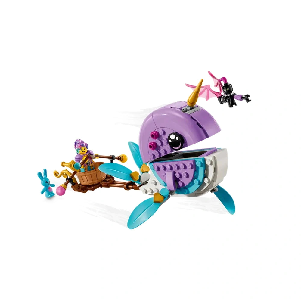 A whimsical purple narwhal with a decorative horn and playful eyes, pulling a small wooden boat. A child character in colorful attire sits in the boat, while a blue bunny and a flying villain figure hover nearby, ready for adventure.