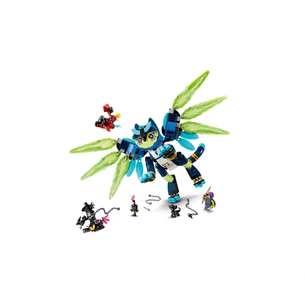 LEGO® DREAMZzz™ Zoey and Zian the Cat-Owl construction set, featuring Zian with vibrant green wings, surrounded by imaginative characters.