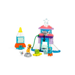 Colorful LEGO® DUPLO® 3in1 Space Shuttle Adventure set featuring a tall rocket, a space station, and two astronaut figures.