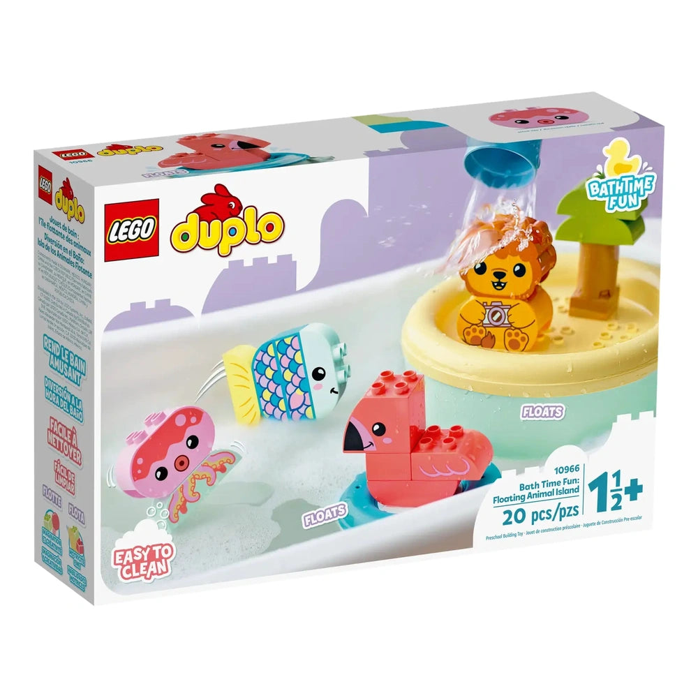 Colorful LEGO® DUPLO® Floating Animal Island playset, featuring a lion, flamingo, fish, and octopus, splashing in water with a tree on an island.