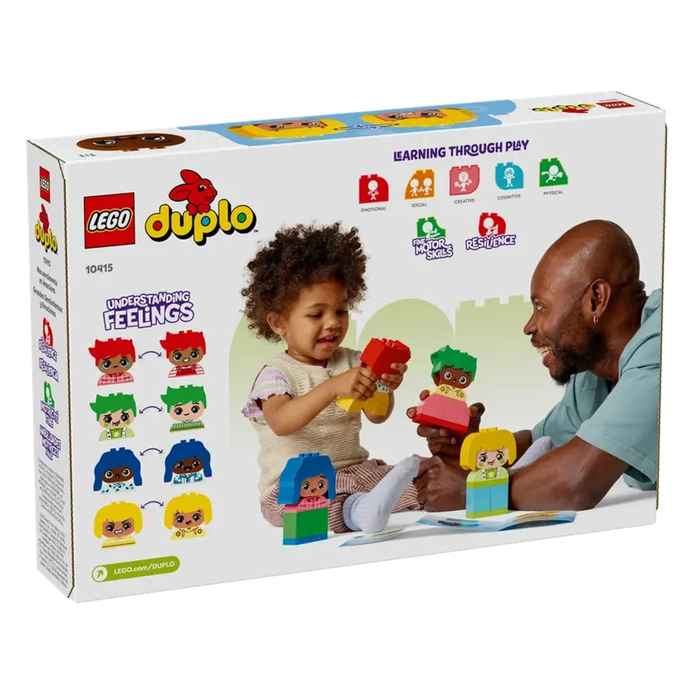 A child and an adult engage with colorful LEGO® DUPLO® figures, exploring feelings and emotions. The child smiles while holding a red block, and various character faces lie on the floor. The packaging features bright illustrations and labels highlighting emotional and cognitive skills.