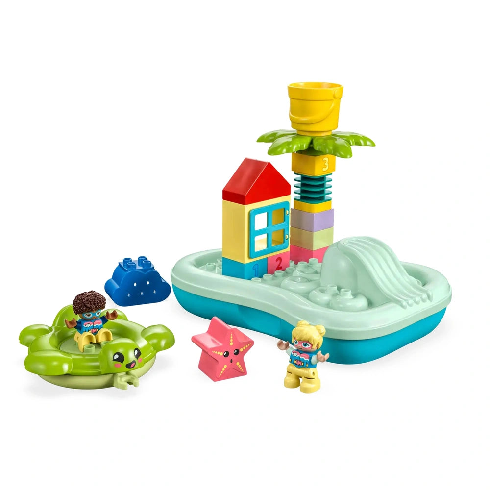 Colorful LEGO® DUPLO® Town Water Park set featuring a palm tree, interactive water bucket, playful figures, and cute turtle floatie.