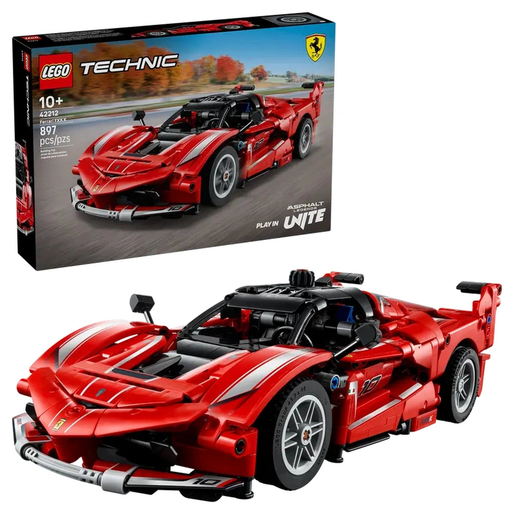 LEGO Technic Ferrari FXX K model kit in vibrant red, featuring detailed design, racing stripes, and a sleek aerodynamic shape. Box displayed behind the car.