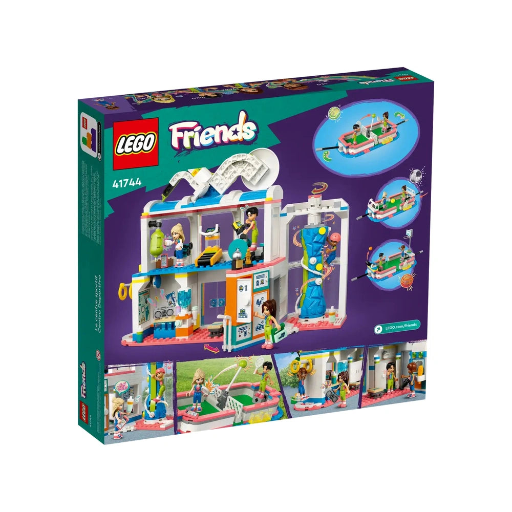 LEGO® Friends Sports Center set featuring four mini-dolls, a transformable sports field, and various sports accessories in a colorful box design.
